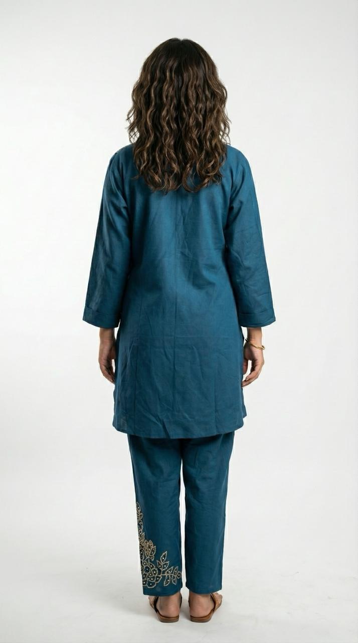 Blue Linen Cotton Coord Set with Intricate Beads, Sequin and Thread Work
