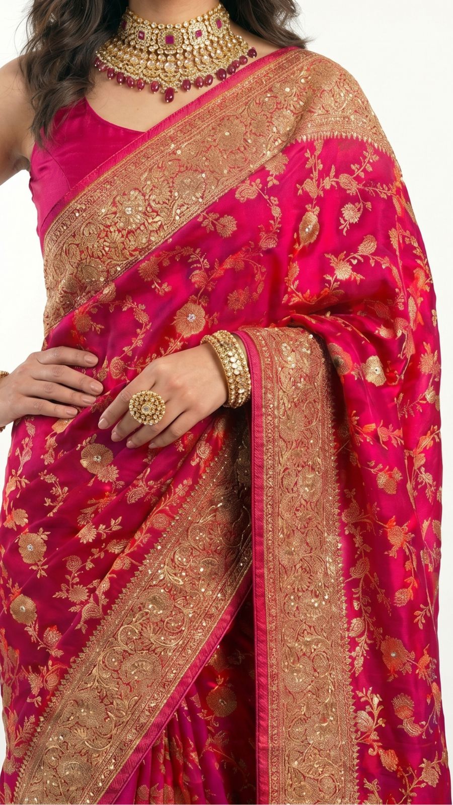 Rani Banarasi Jaal Weave Saree with Hand Work