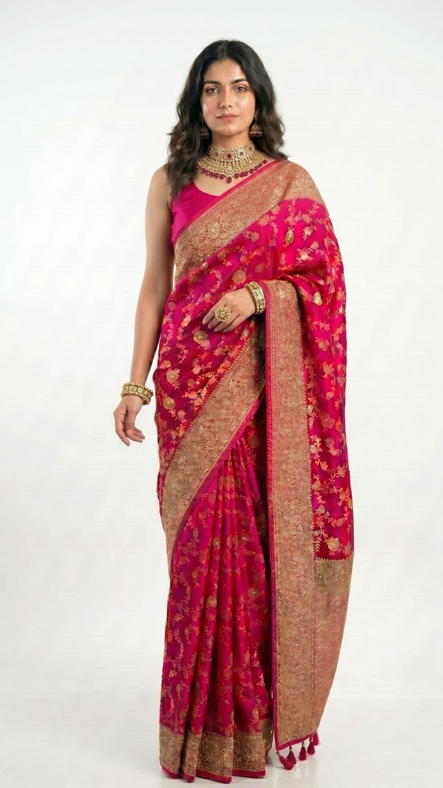 Rani Banarasi Jaal Weave Saree with Hand Work