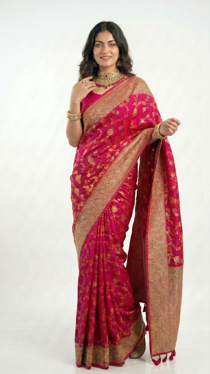 Rani Banarasi Jaal Weave Saree with Hand Work