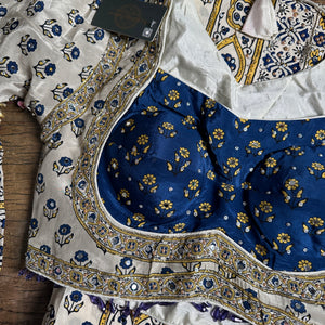 Cream Crepe Saree with Blouse with Cutdana, Mirror, Printed and Hand Work Embroidery 3
