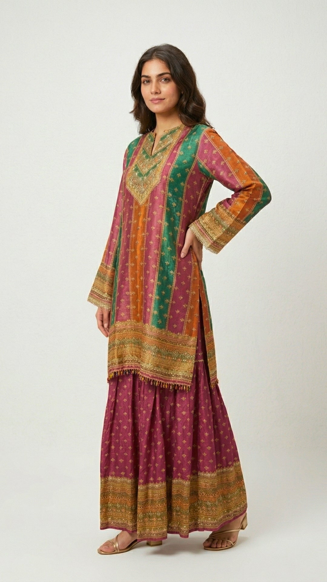 Rani Pink Tissue Indowestern with Sequins, Gota Patti, Stone & Moti Latkan Detailing
