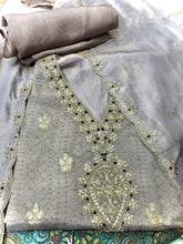 Load image into Gallery viewer, Semistich tissue shimmer suit with golden embroidery
