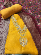 Load image into Gallery viewer, Unstitched silk suit with golden zari embroidery
