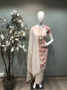 Cotton unstitched suit with Lace work embroidery