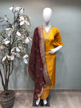 Load image into Gallery viewer, Unstitched silk suit with golden zari embroidery
