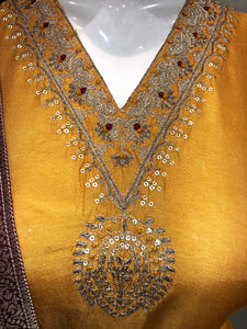 Unstitched silk suit with golden zari embroidery