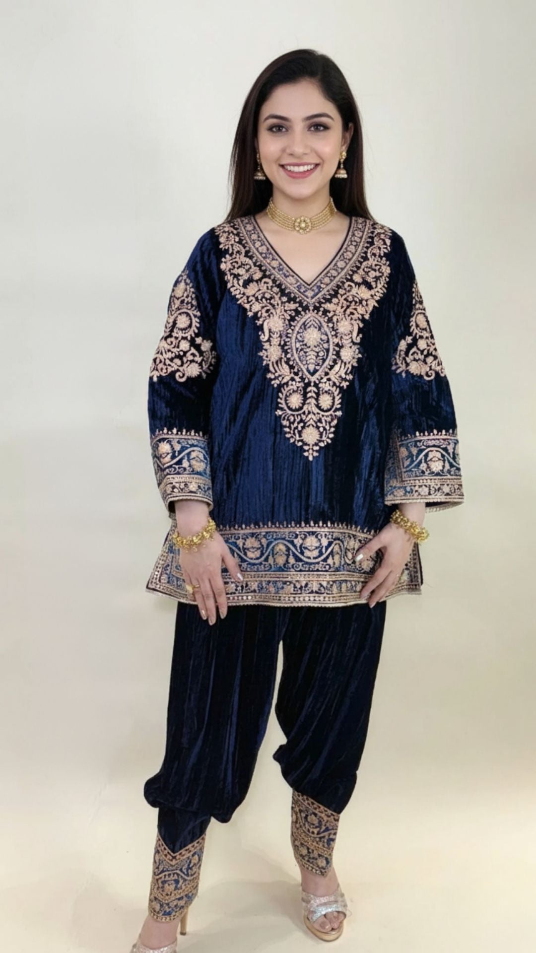 Navy Blue Wrinkled Velvet Embroidered Top with Salwar