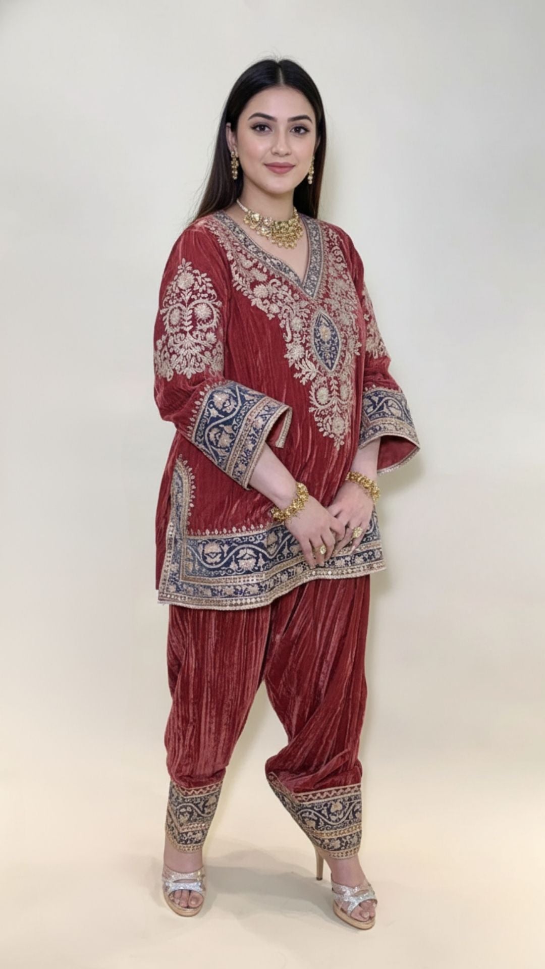 Carrot Red Wrinkled Velvet Embroidered Top with Salwar