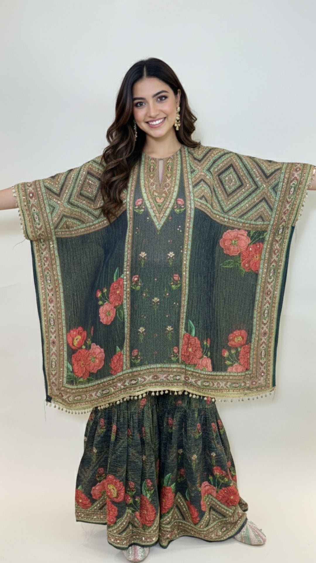 Blue Digital Print Tissue Kaftan and Gharara with Mirror Work