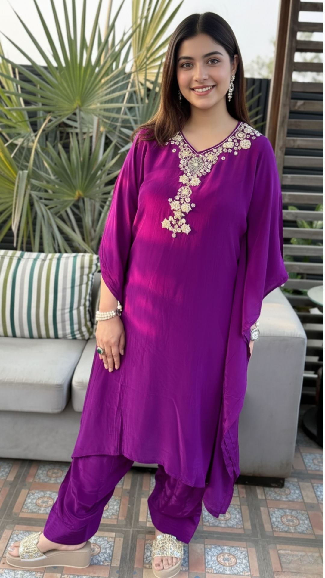 Purple Crepe Embroidered Kaftan with Salwar