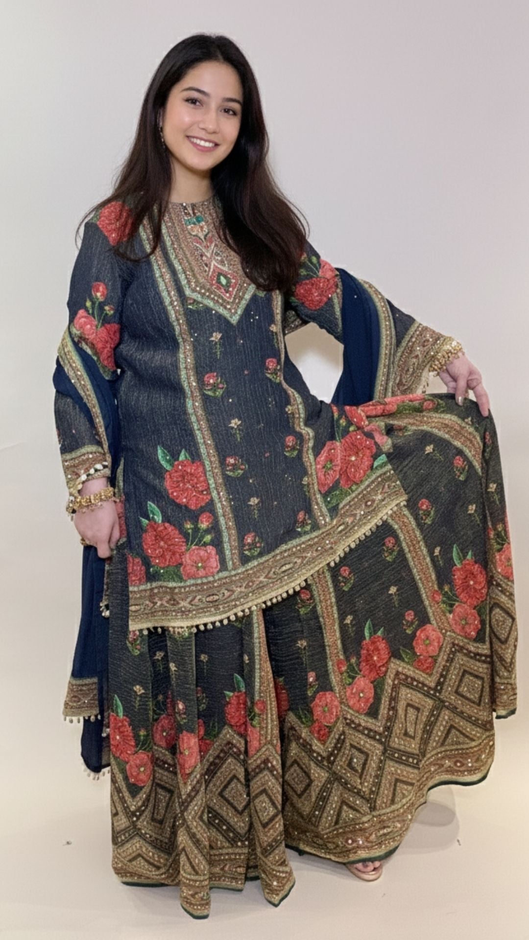 Stylish Blue Flared Palazzo Suit Dupatta in Wrinkle Tissue with Mirror Detailing