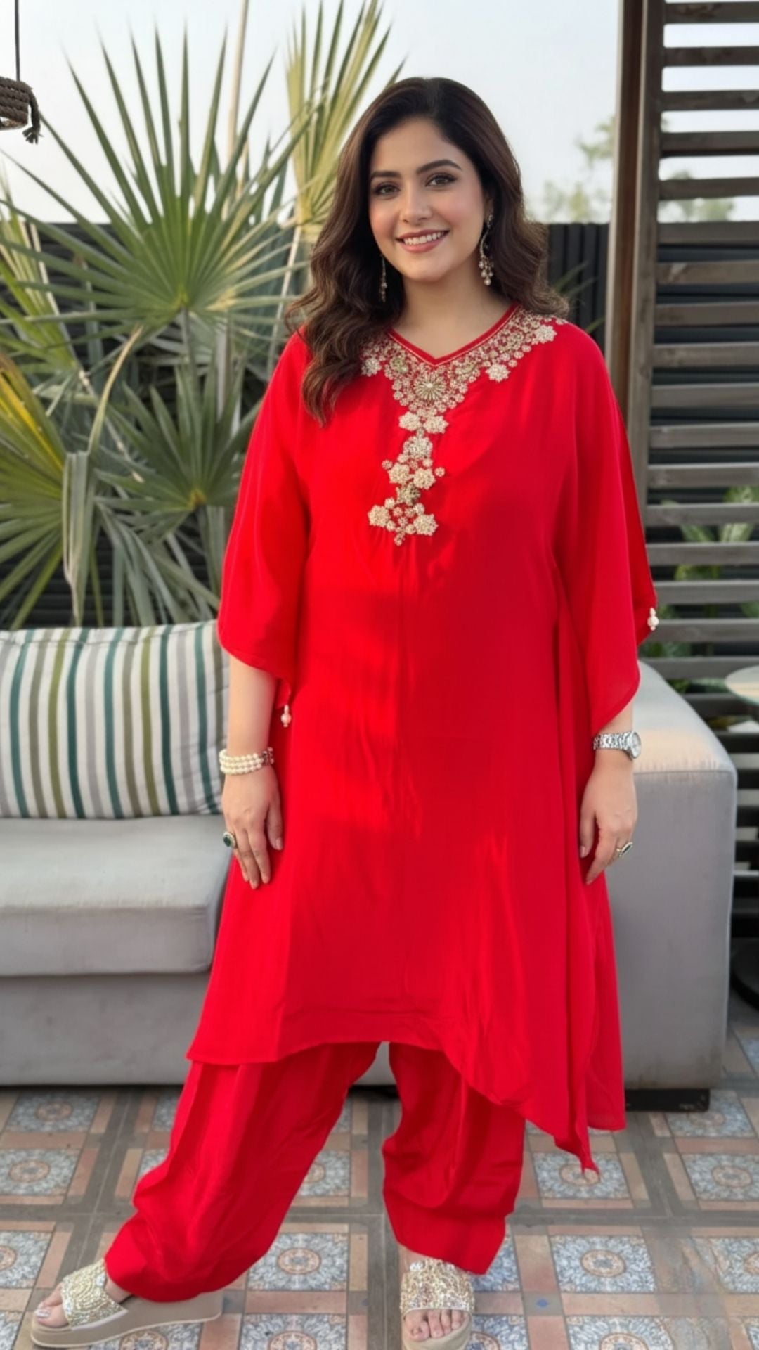 Red Crepe Embroidered Kaftan with Salwar