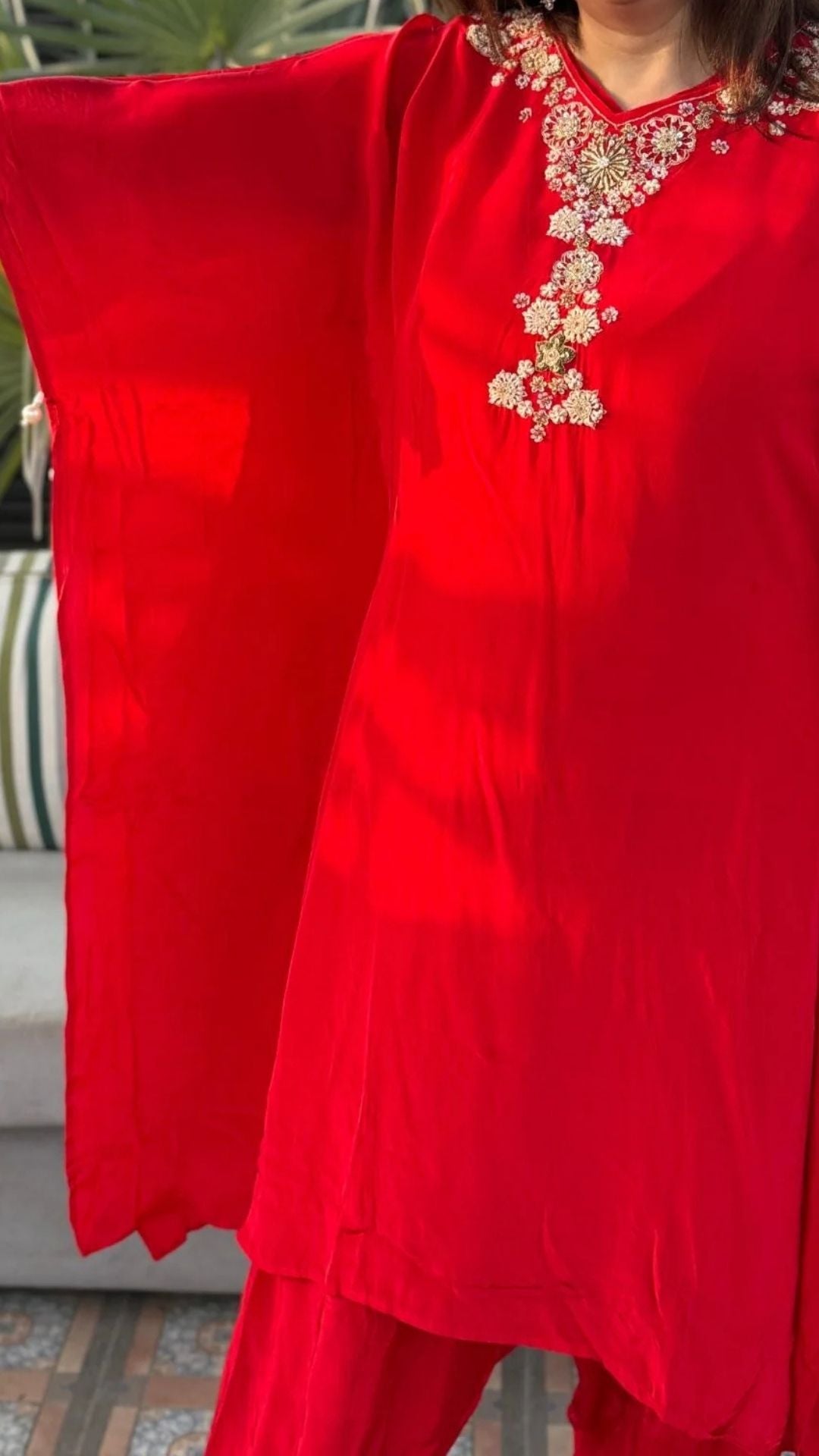 Red Crepe Embroidered Kaftan with Salwar