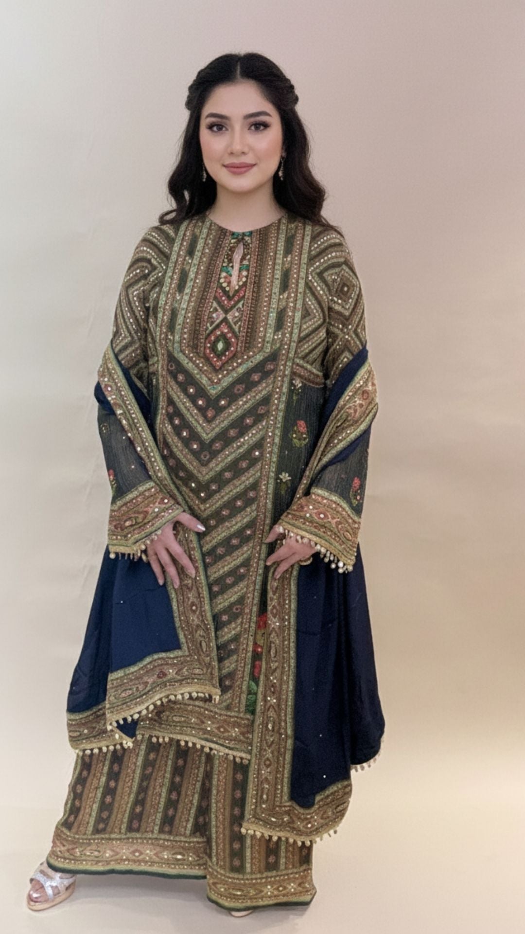 Blue Digital Print Tissue Suit with Mirror Work, Palazzo, and Dupatta