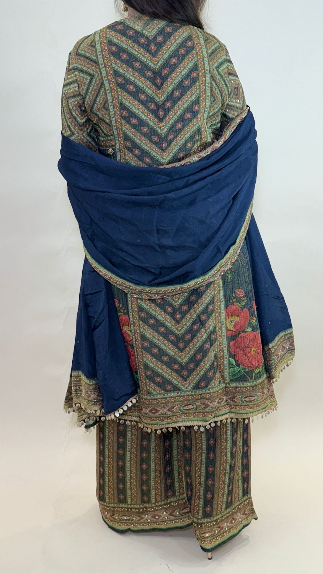 Blue Digital Print Tissue Suit with Mirror Work, Palazzo, and Dupatta
