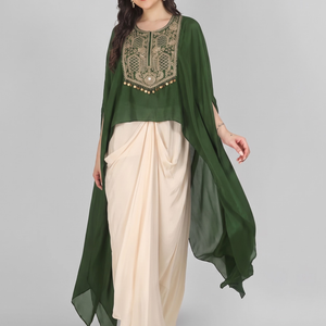 Mehendi Green Chinon Indo Western with Cutdana and Sequins Embroidery