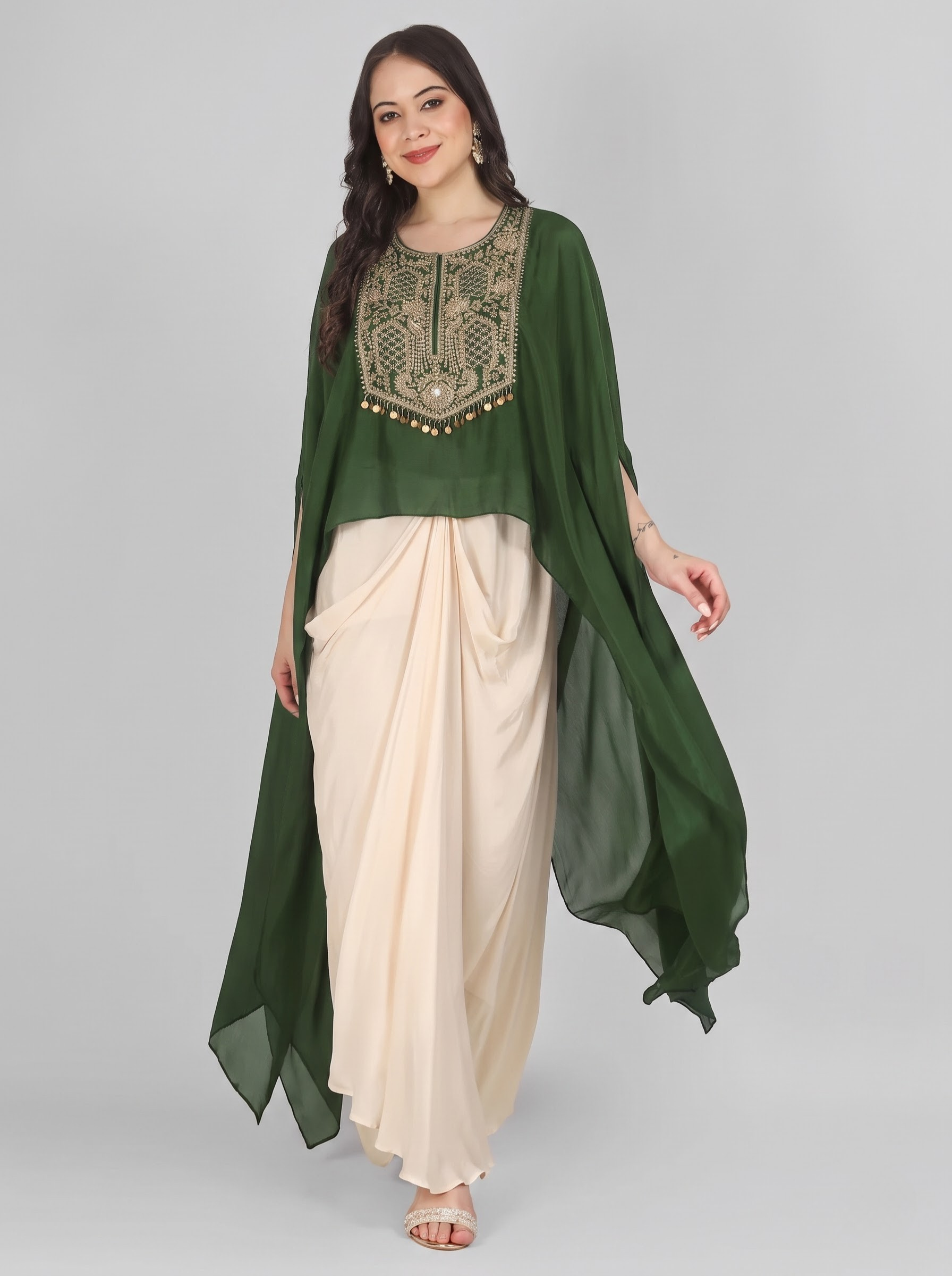 Mehendi Green Chinon Indo Western with Cutdana and Sequins Embroidery