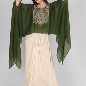 Mehendi Green Chinon Indo Western with Cutdana and Sequins Embroidery