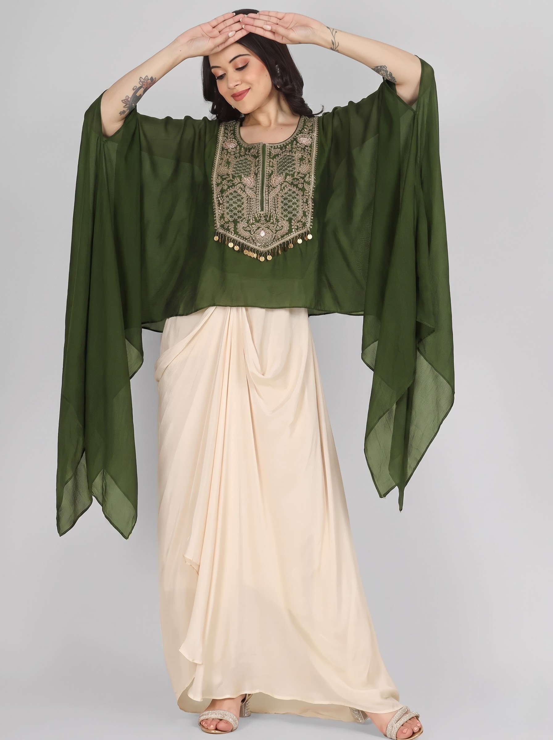 Mehendi Green Chinon Indo Western with Cutdana and Sequins Embroidery
