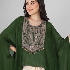 Mehendi Green Chinon Indo Western with Cutdana and Sequins Embroidery