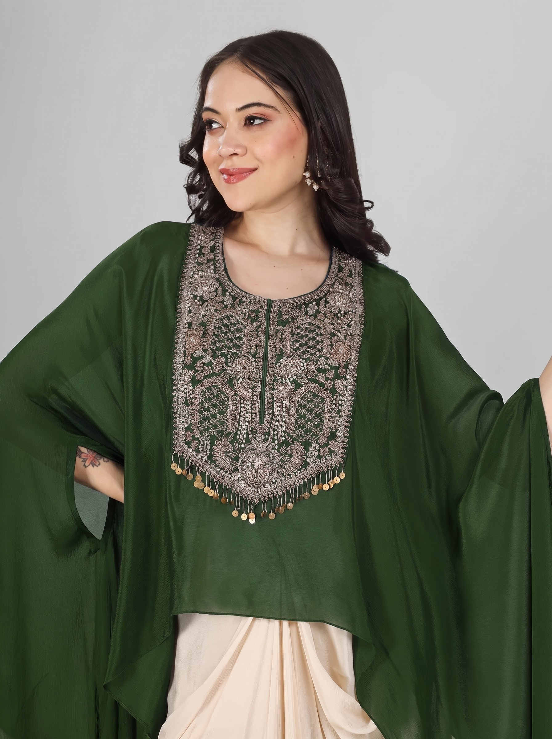 Mehendi Green Chinon Indo Western with Cutdana and Sequins Embroidery