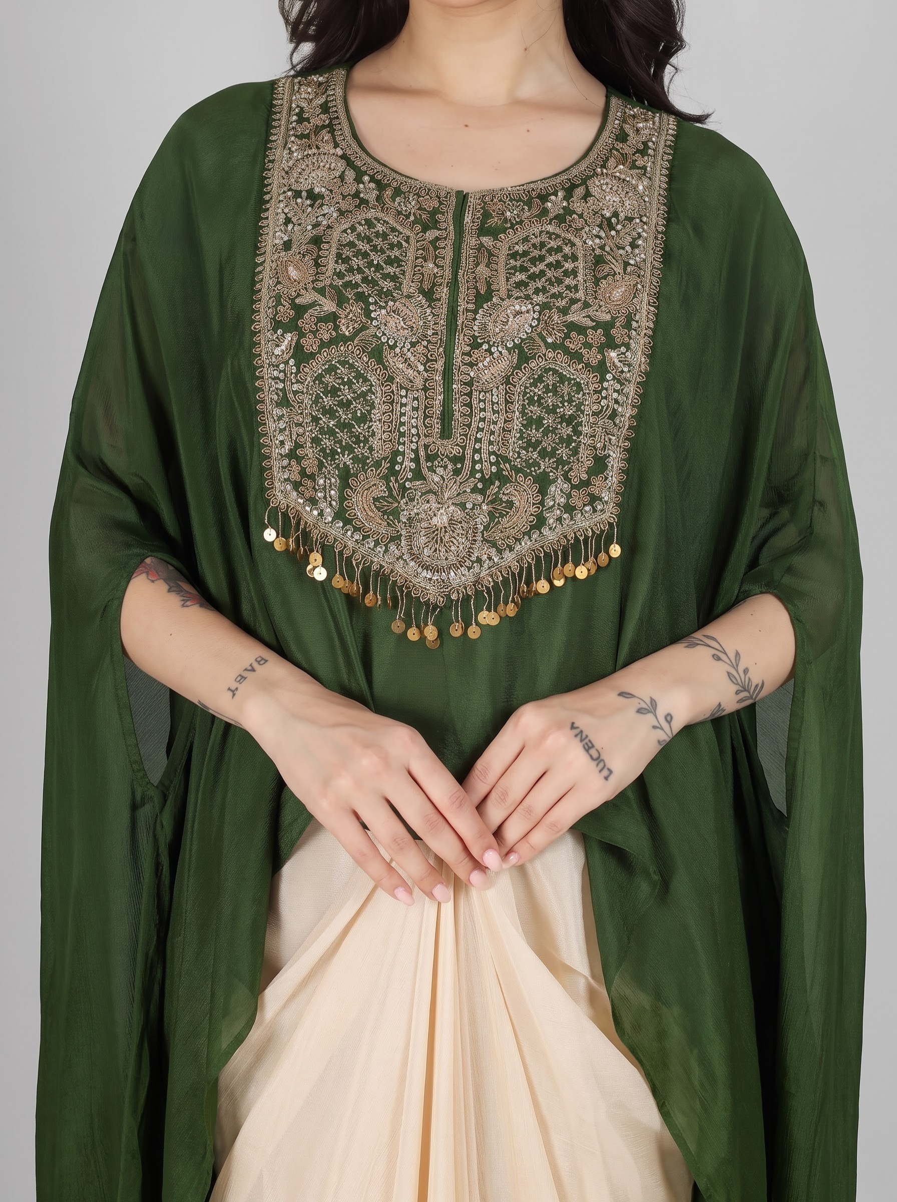 Mehendi Green Chinon Indo Western with Cutdana and Sequins Embroidery