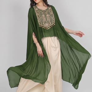 Mehendi Green Chinon Indo Western with Cutdana and Sequins Embroidery