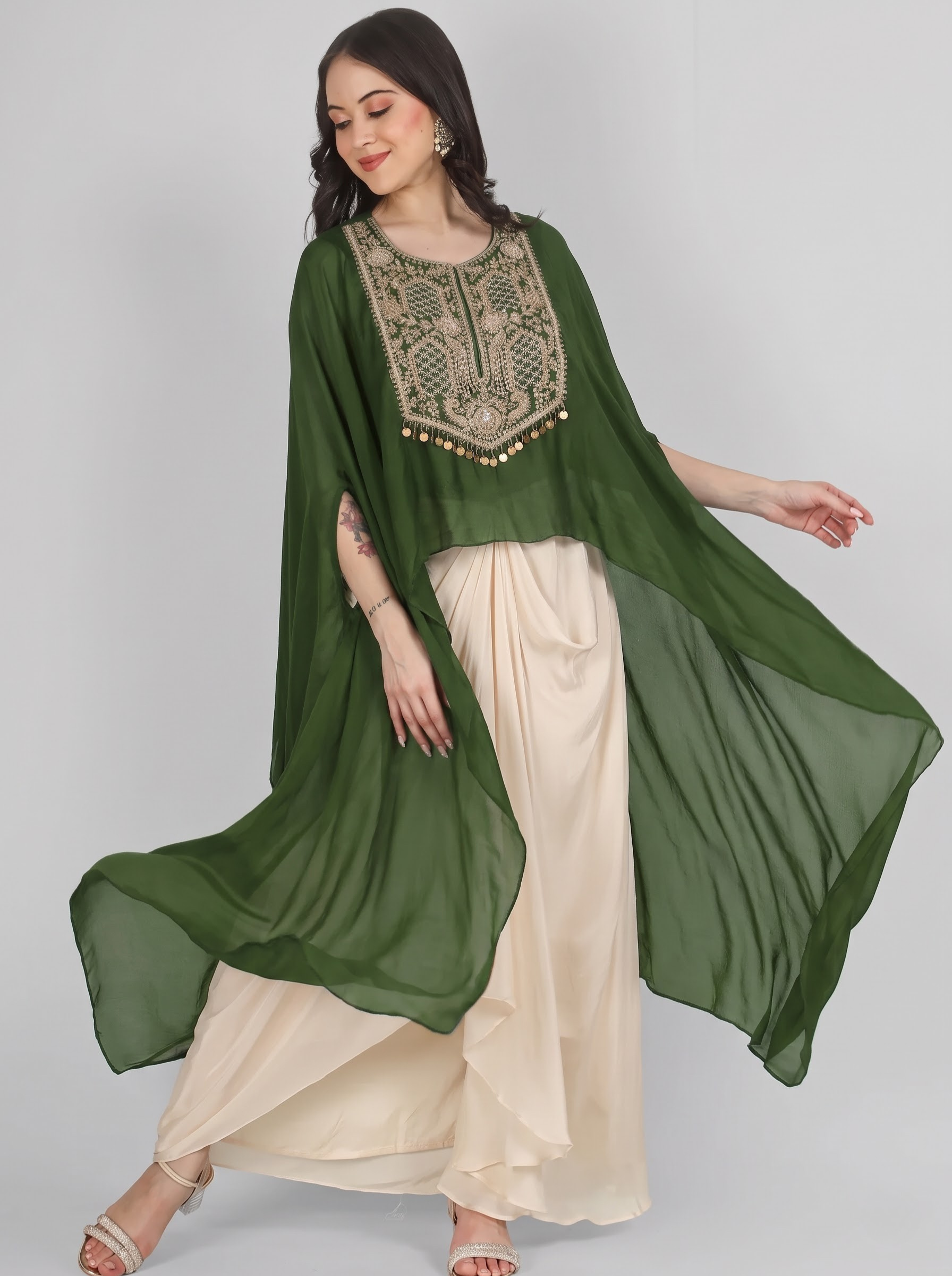 Mehendi Green Chinon Indo Western with Cutdana and Sequins Embroidery