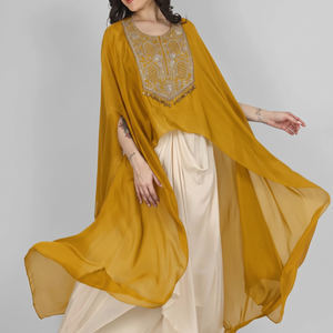 Mustard Chinon Indo Western with Cutdana and Sequins Embroidery
