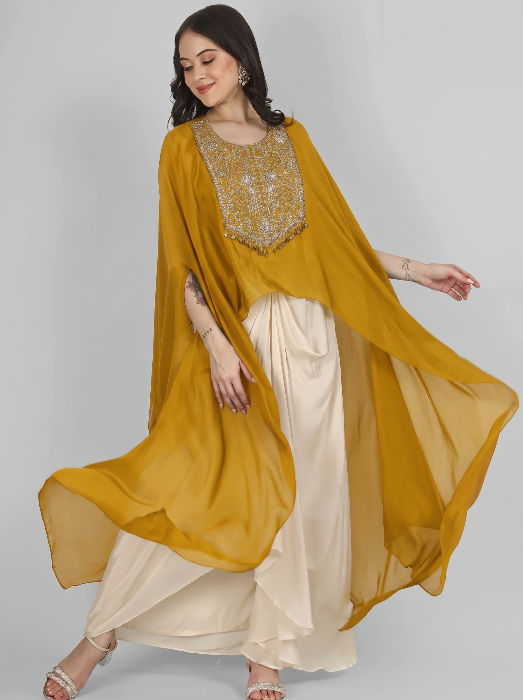 Mustard Chinon Indo Western with Cutdana and Sequins Embroidery