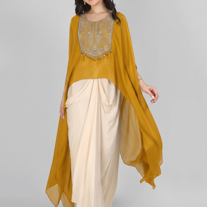 Mustard Chinon Indo Western with Cutdana and Sequins Embroidery