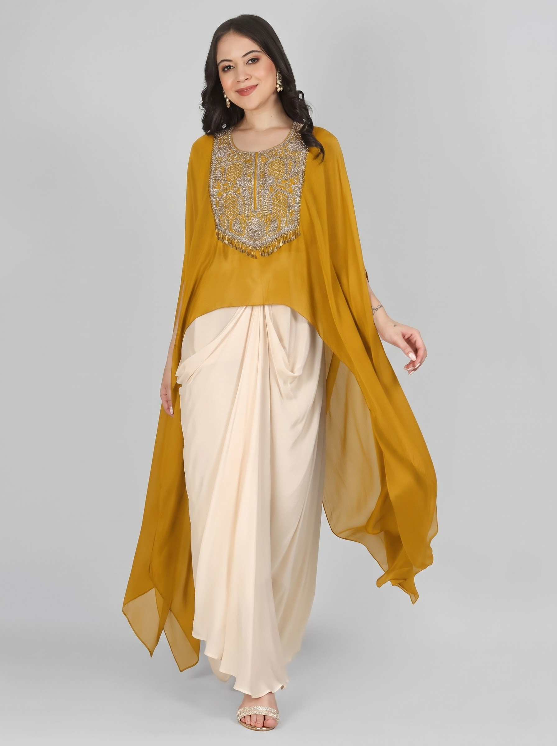 Mustard Chinon Indo Western with Cutdana and Sequins Embroidery