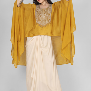 Mustard Chinon Indo Western with Cutdana and Sequins Embroidery