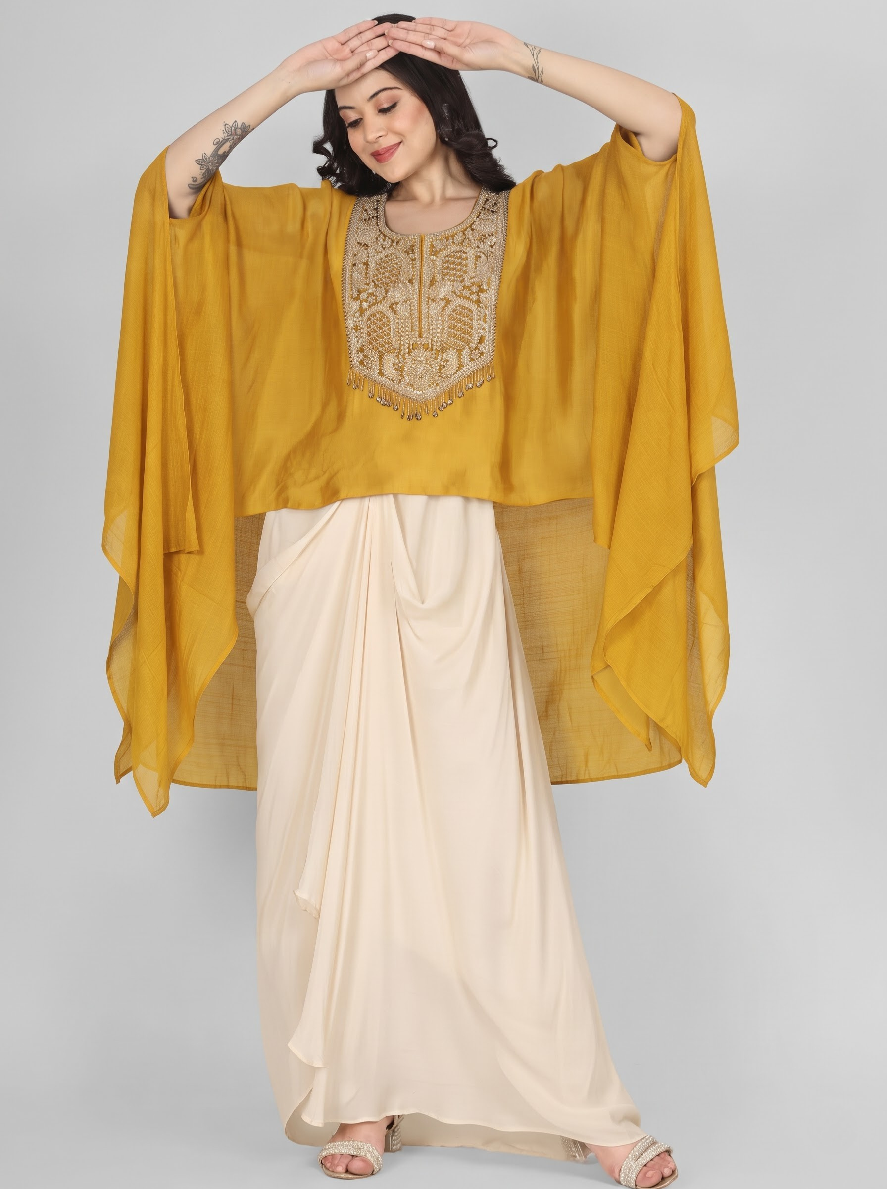 Mustard Chinon Indo Western with Cutdana and Sequins Embroidery