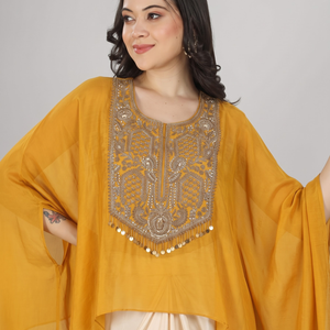 Mustard Chinon Indo Western with Cutdana and Sequins Embroidery