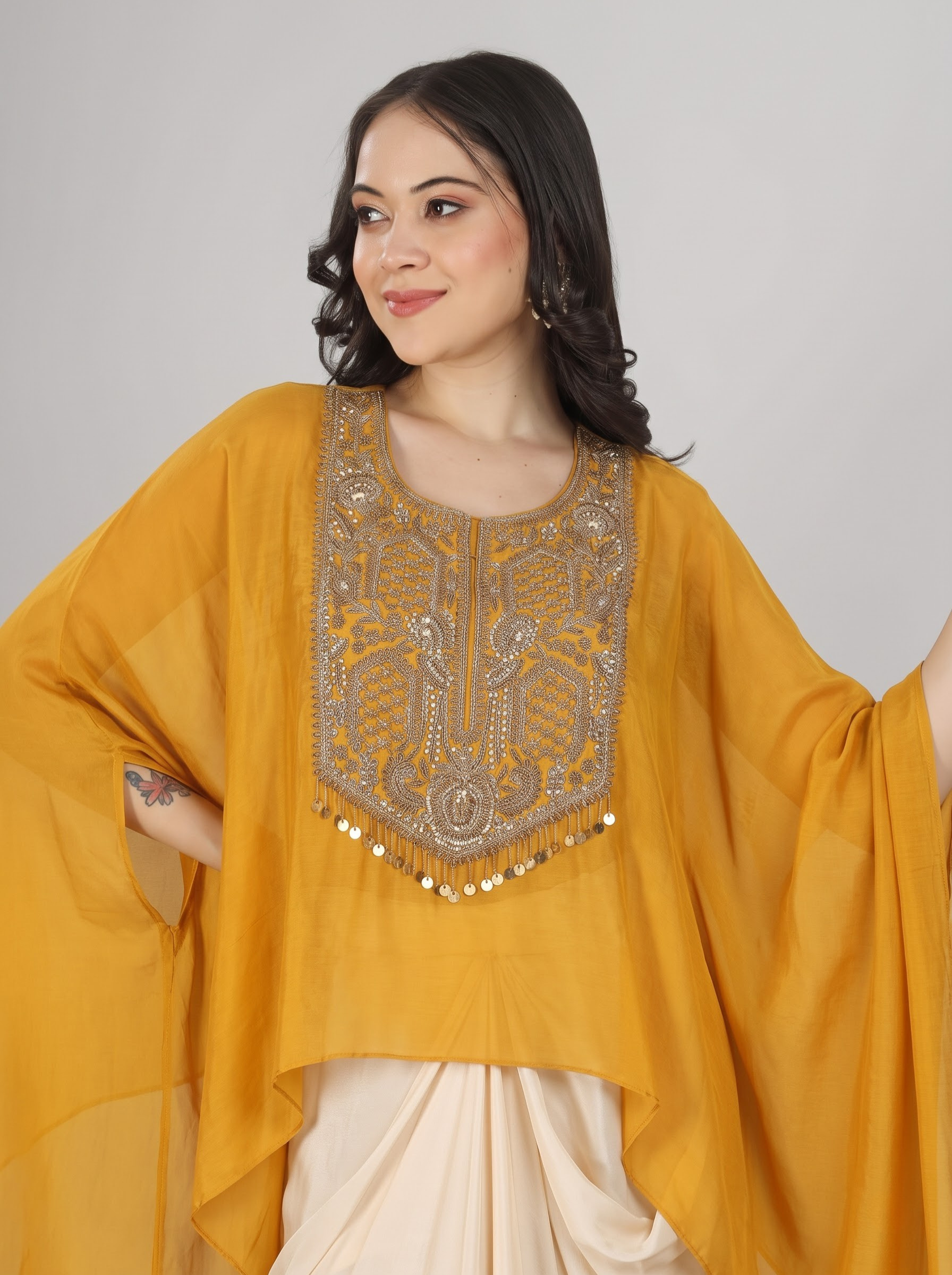 Mustard Chinon Indo Western with Cutdana and Sequins Embroidery