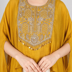 Mustard Chinon Indo Western with Cutdana and Sequins Embroidery