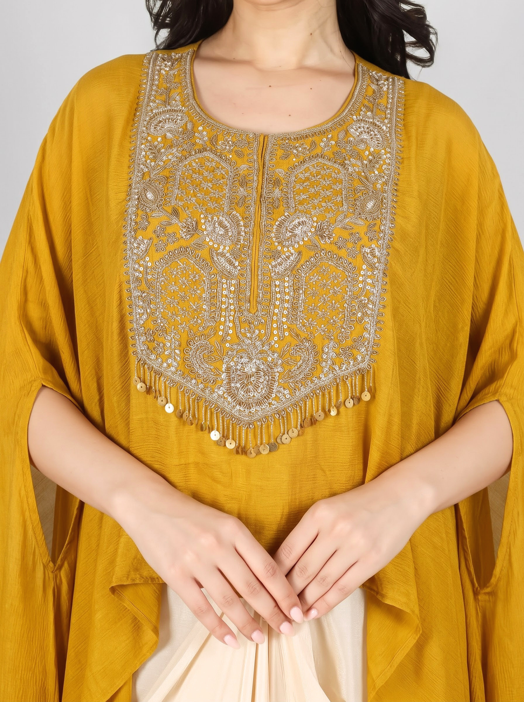 Mustard Chinon Indo Western with Cutdana and Sequins Embroidery