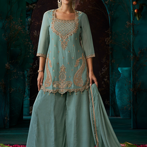 Dusty Sky Blue Chinon Suit Embellished With Cutdana & Sequins Work