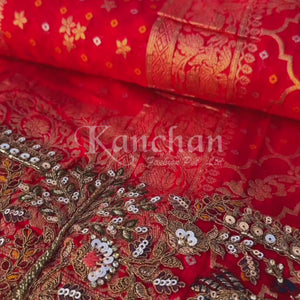 Red Georgette Unstitched Saree Embellished With Zarkan, Sequins, Thread & Cutdana work