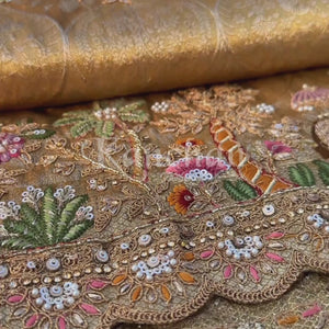 Dusty Beige Brocade Unstitched Saree Embellished With Moti, Sequins, Zarkan, Thread & Cutdana Work