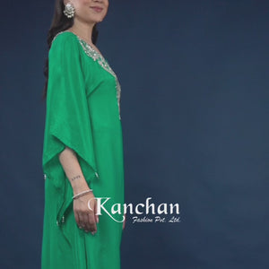 Green Chinon Indo Western with Moti, Cutdana & Sequins Work
