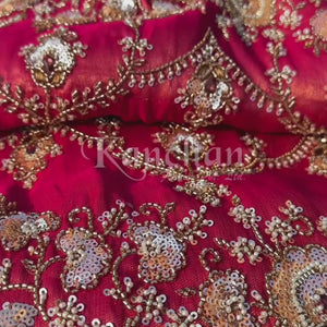 Red Tissue Saree With Moti, Cutdana & Sequins Work