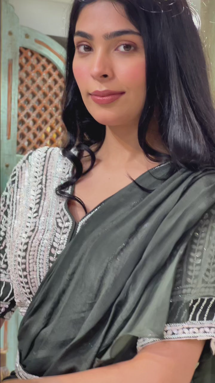 Olive Green Chinon Indowestern with Sequins and Pearl Work