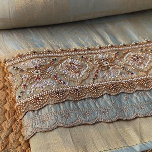 Sky Blue Brocade Unstitched Saree Embellished With Moti, Sequins & Cutdana Work