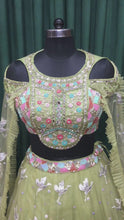 Load and play video in Gallery viewer, Pista Green Net Lehenga With Sequins and Multi Resham
