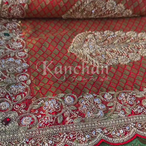 Red Rani Brocade Unstitched Saree Embellished With Sequins, Moti, Dabka & Cutdana Work