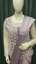 Load and play video in Gallery viewer, Lavender Lycra Drape Saree With Sequins and Japanese Cut Dana
