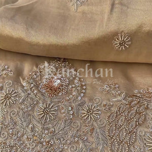 Fawn Tissue Saree Embellished With Zari, Sequins & Cut Dana Work